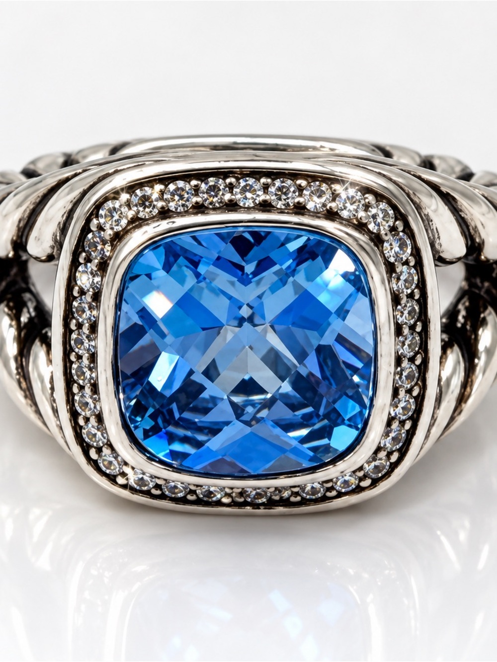 David Yurman Blue Cushion-Cut Crystal Ring with Pavé Halo